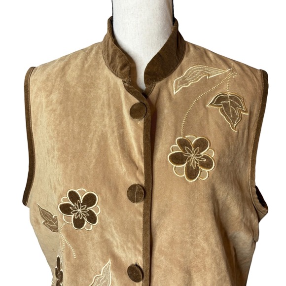 Suede Vest with Floral Embroidery Sleeveless Brown Trimmed Button Down Top - Picture 3 of 14